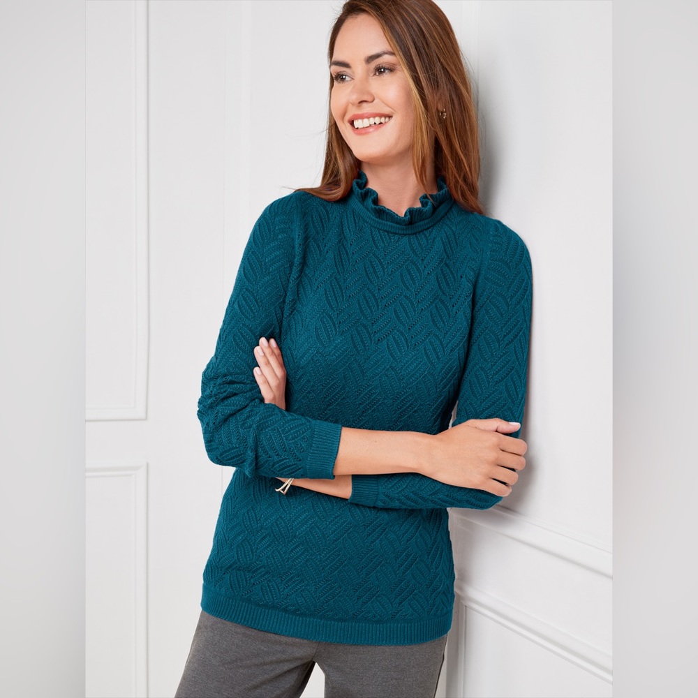 Talbots Texture Stitch Ruffle Neck Pullover Sweater LP Petite Dark Teal Peacock